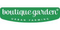 Logo of 'boutique garden' with 'urban farming' text on a green background