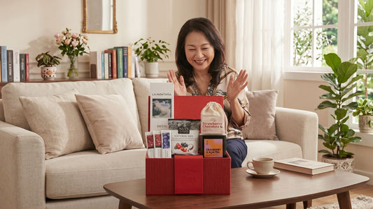 A smiling woman sits on a sofa behind a wooden coffee table featuring a red gift hamper filled with gourmet snacks, tea, and treats.