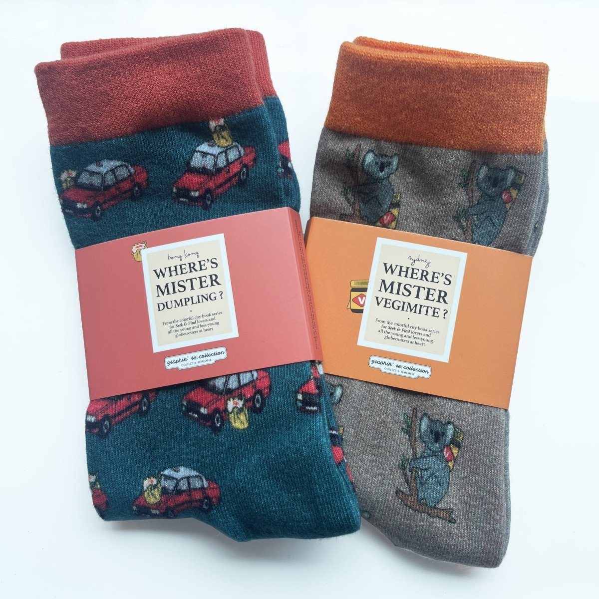 Colorful City Socks - Where's Mister Dumpling + Where's Mister Vegimite - BetterThanFlowers