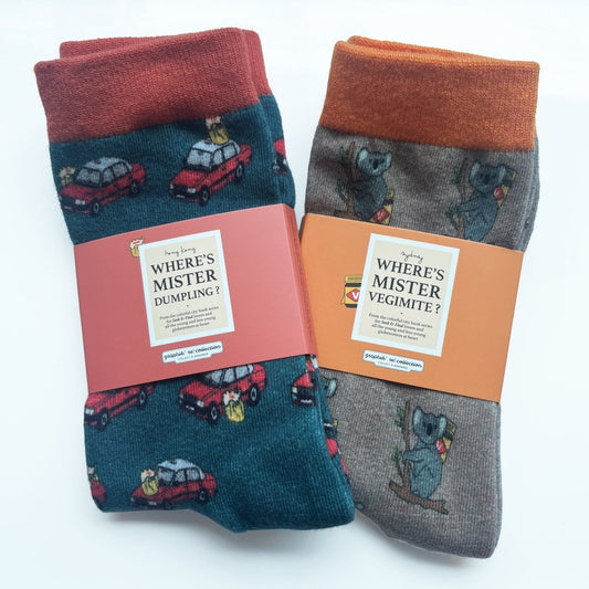 Colorful City Socks - Where's Mister Dumpling + Where's Mister Vegimite - BetterThanFlowers