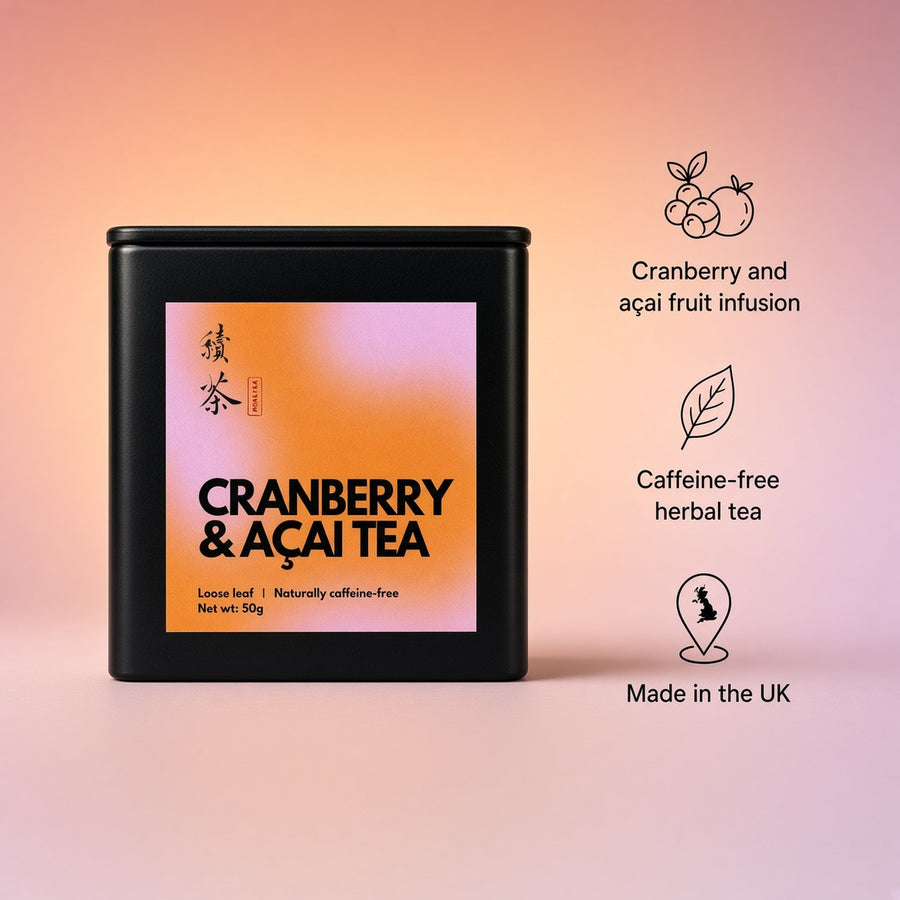 Cranberry and Açai Tea by MoreTea benefits: cranberry and açai fruit infusion, caffeine-free herbal tea, made in the UK